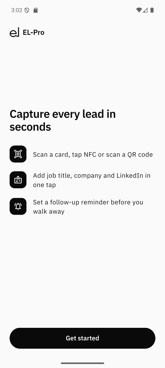EL-Pro welcome screen listing card, NFC and QR capture, one-tap enrichment and follow-up reminders