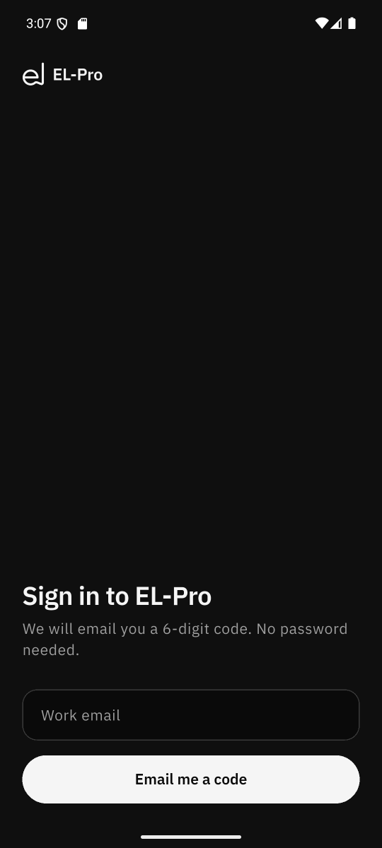 EL-Pro sign-in screen in dark mode, asking for a work email to receive a 6-digit code